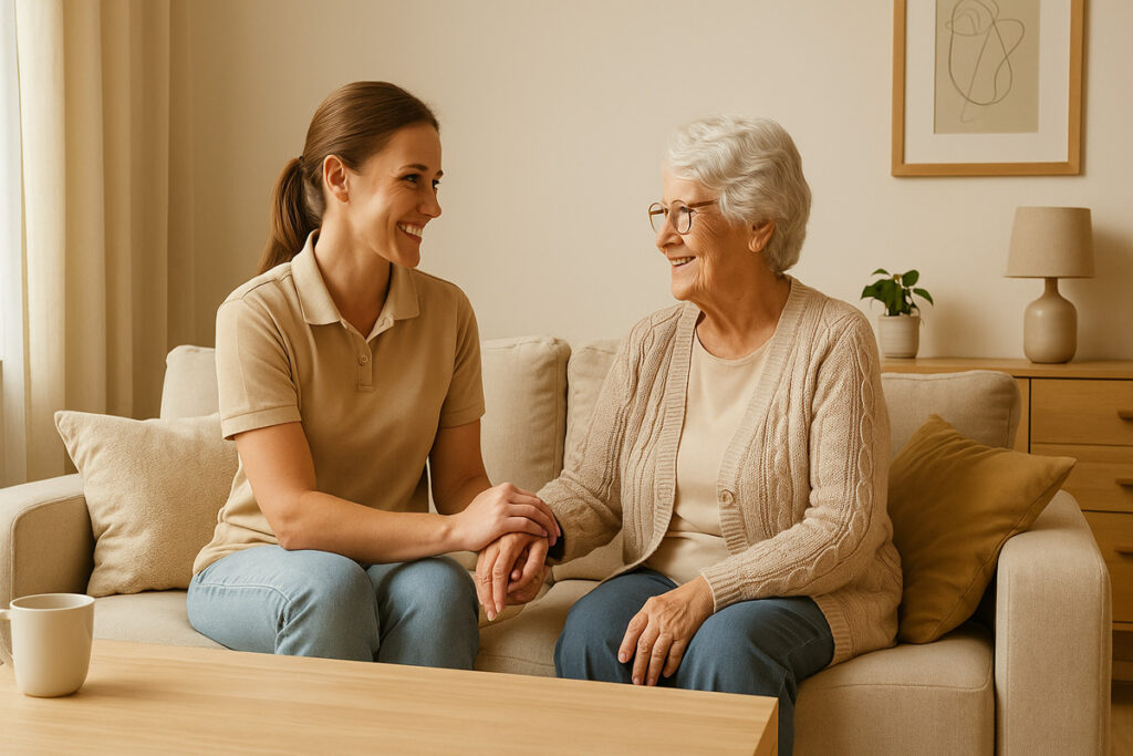Pflegekraft sitzt mit älterer Frau auf dem Sofa, beide halten sich an den Händen und lächeln in einem hellen Wohnzimmer