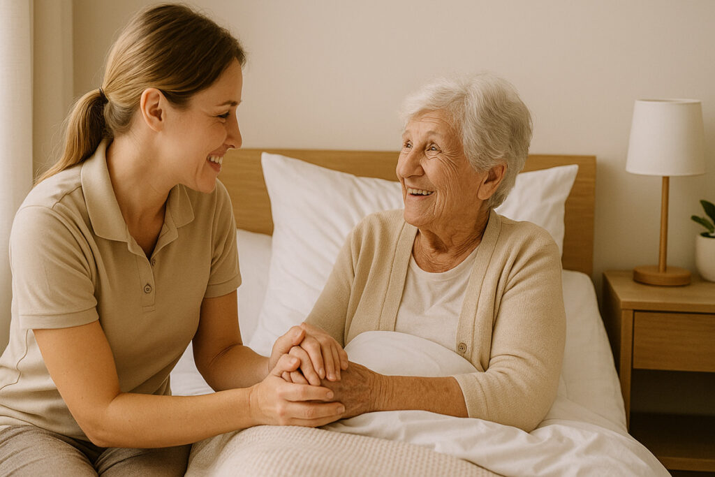 Pflegekraft hält die Hände einer Seniorin im Bett und lächelt sie warm an in einem hellen Zimmer