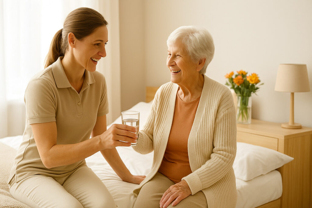 Pflegekraft reicht einer älteren Frau im Bett ein Glas Wasser in einem hellen, freundlichen Pflegezimmer
