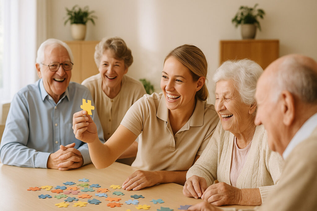 Pflegerin und Senioren lachen gemeinsam beim Puzzeln in einem hellen Tagespflege-Raum