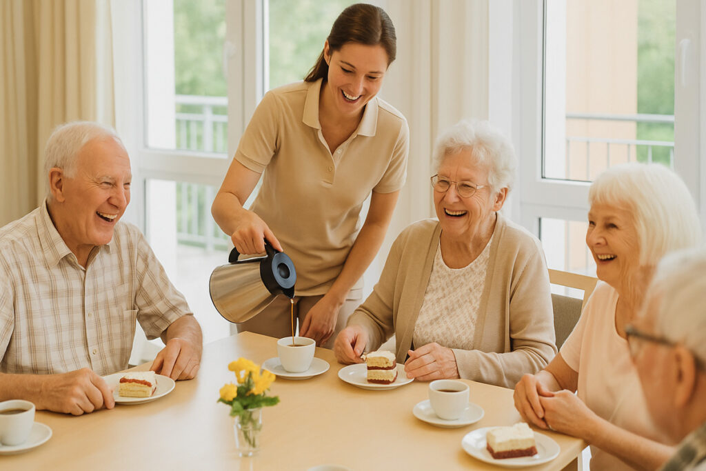Pflegekraft schenkt Kaffee nach, während mehrere Senioren gemeinsam am Tisch sitzen und lachen